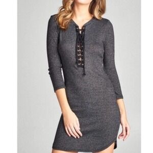Gray Long Sleeve Hacci Ribbed Dress